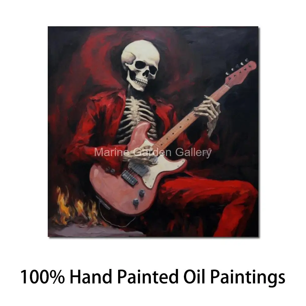 

Rock and Roll Skull Guitarist Abstract Oil Painting Hand Painted Music Canvas Art Contemporary Wall Decor for Man Cave Game Room