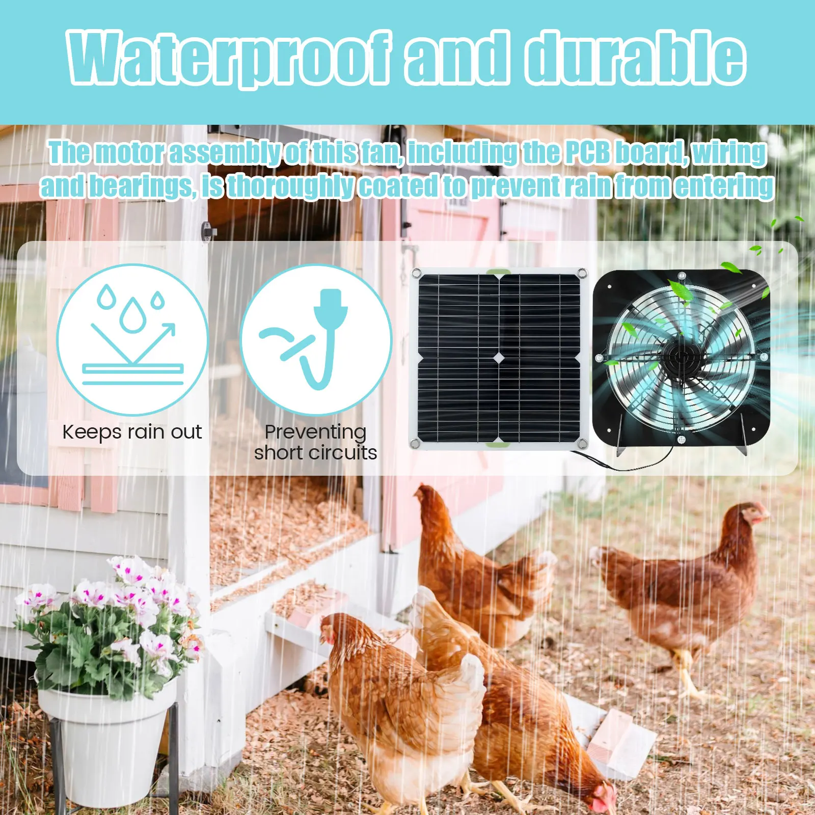 Solar Panel Fan Kit 13.5in 100W Waterproof Solar Powered Exhaust Fan 3000rpm Auto Adjustable Cooling Chicken Coop Solar Fan