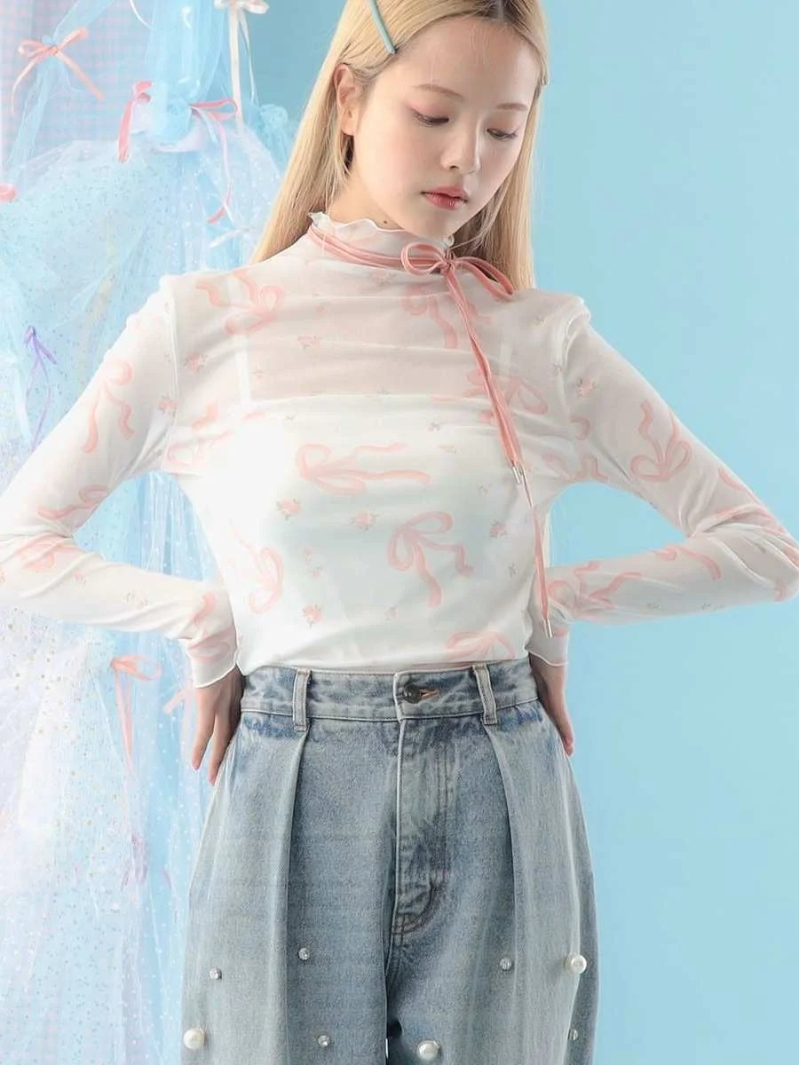 Cute  Knot Print Long Sleeve T-Shirt Women's White Cuffed Belted Top Sweet Style Standard Fit Autumn Fashion Ladies'...