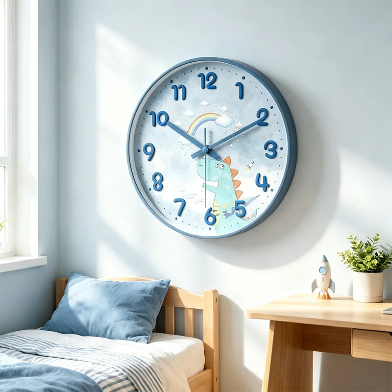 wall clock, kids room wall decor, nursery wall clock, cartoon rainbow wall art, silent quartz wall watch, wooden frame wall clock, children bedroom decoration, gift for little boys