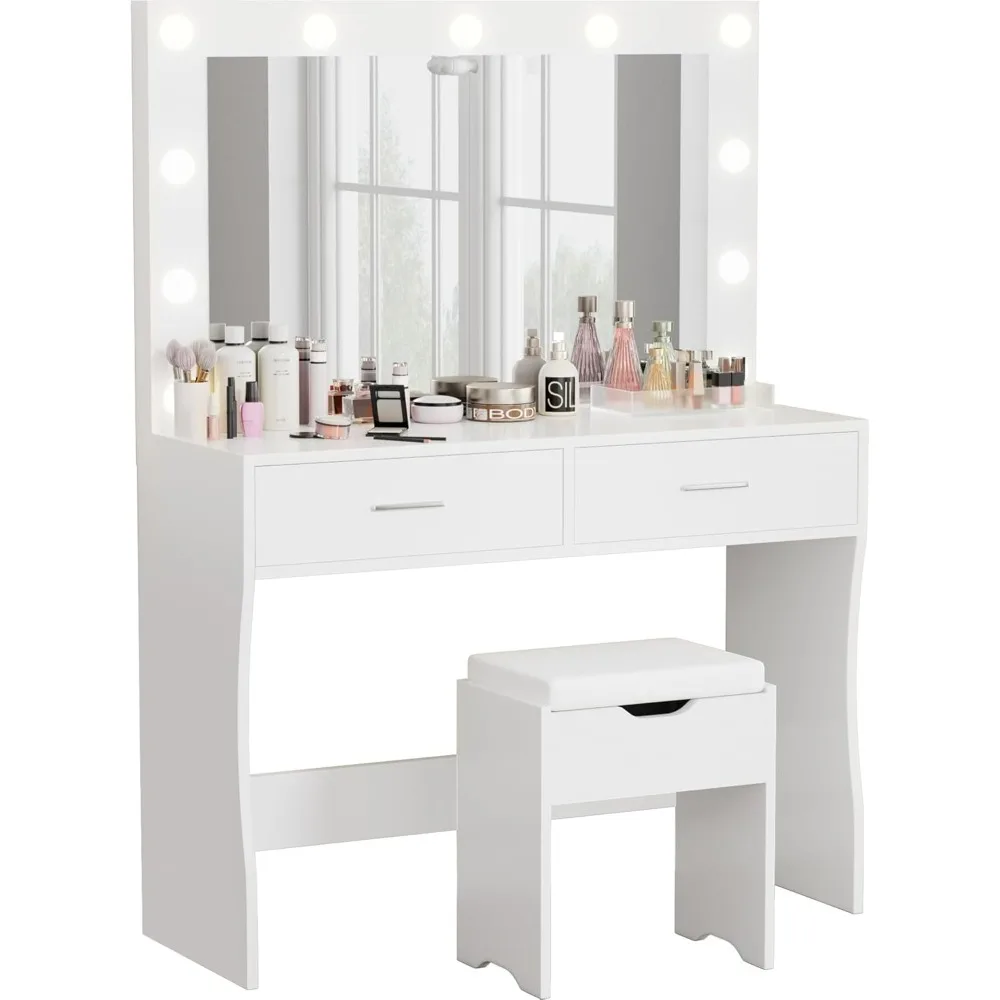 Vanity Desk Set with Large Lighted Mirror, 35.4 Inch Makeup Vanity Table with 2 Drawers, Cushioned Storage Stool, 3 Lighting