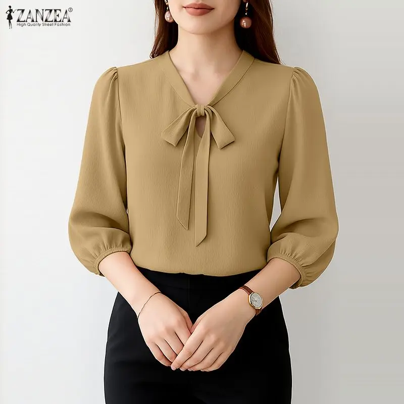 

ZANZEA Woman Crinkled Texture Blouses Elegant Bow Tie Neck 3/4 Puff Sleeve Tops Summer Minimalist Solid Color Blusas de Mujer