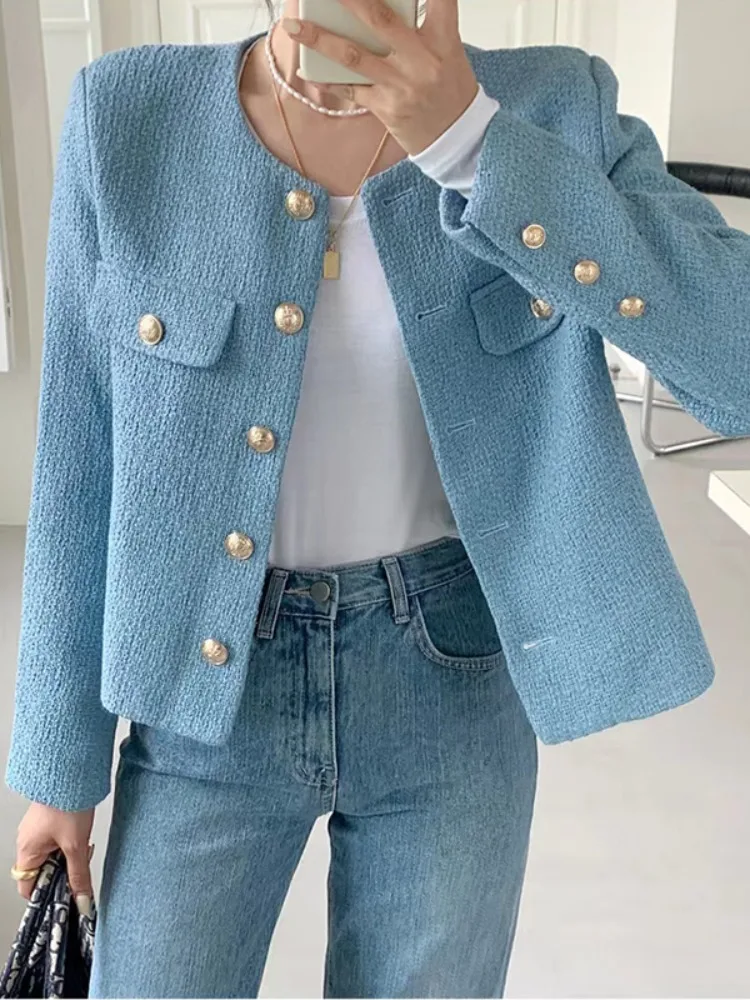 

Chic Spring Gentle round Ne Metal Single Button Loose Versatile Small Fraance Sle Thiened Tweed ort Coat
