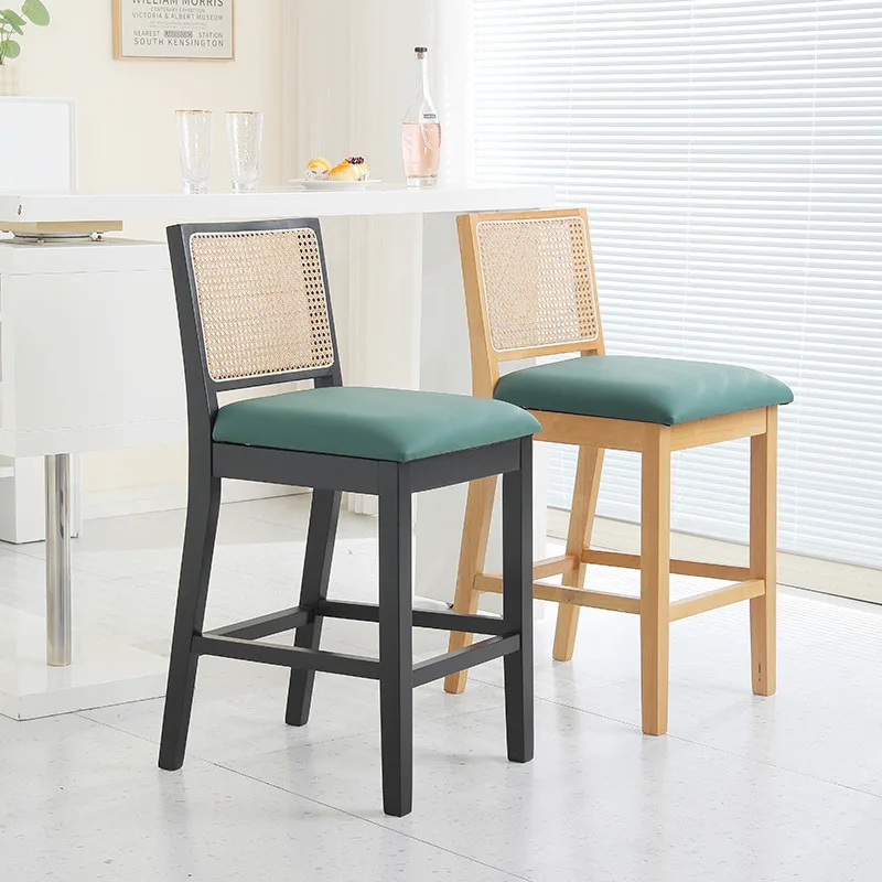 Wabi-sabi style rattan high bar chair vintage bar café home non-slip silent solid wood detachable model