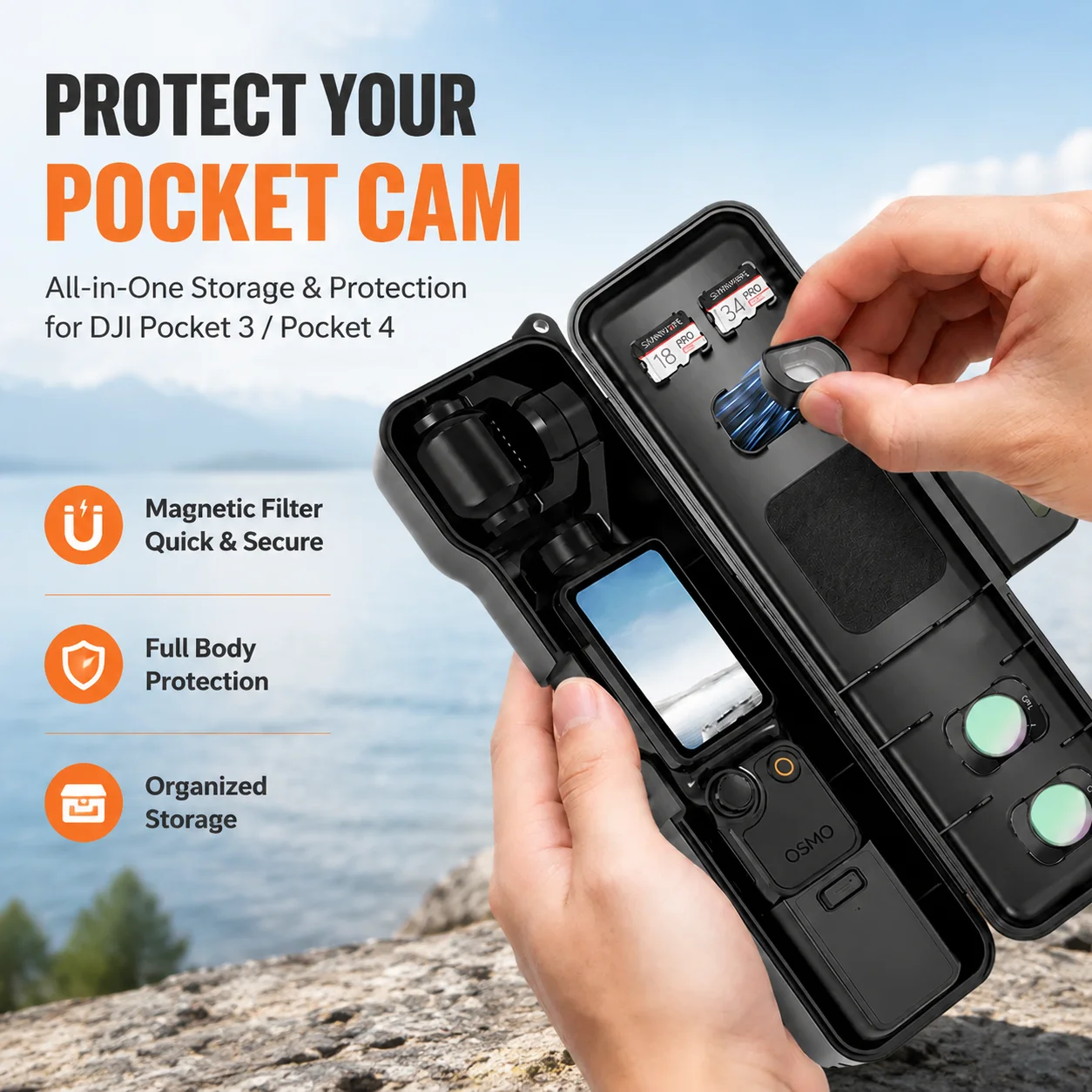 Protective Case for DJI Pocket 3 / Pocket 4, Full Body Camera Cover with Magnetic Filter, Storage Shell
