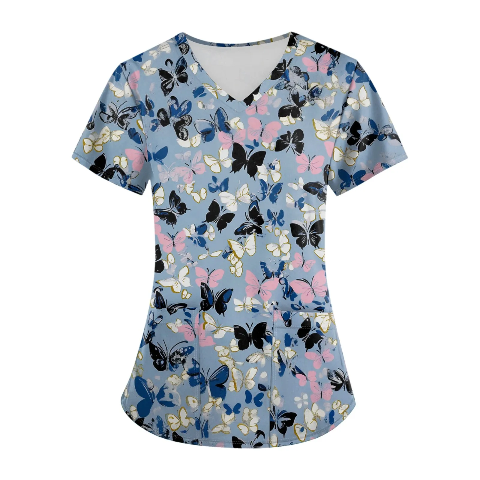 طقم زي عمل نسائي مطبوع عليه زهور تي شيرت بأكمام قصيرة وطبعة الهالوين ورقبة على شكل حرف V وسراويل طويلة ملابس العمل