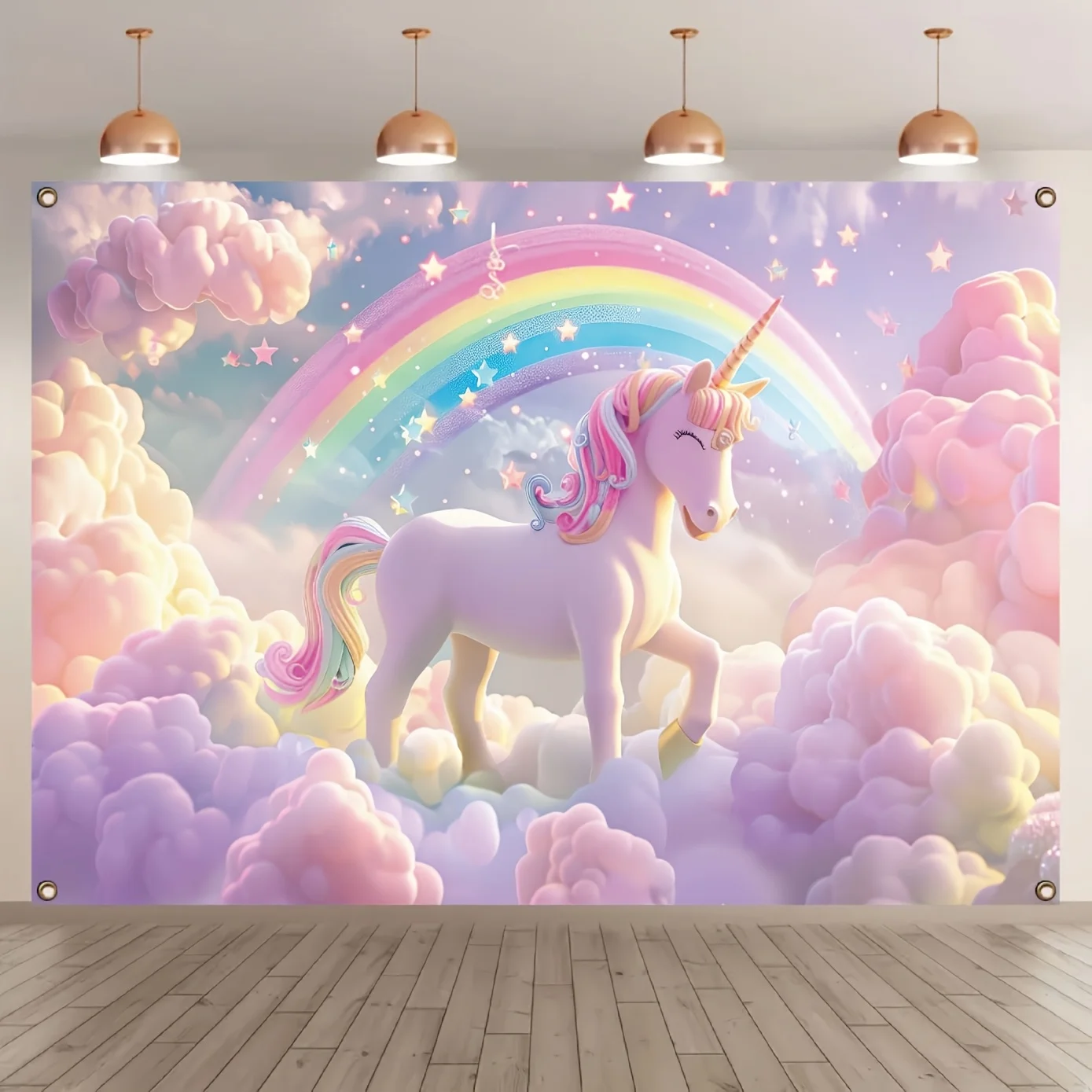 Plano 2D, 1 cartel de fiesta de unicornio blanco con coloridos arcos, estrellas y nubes, decoración caprichosa de poliéster para la familia