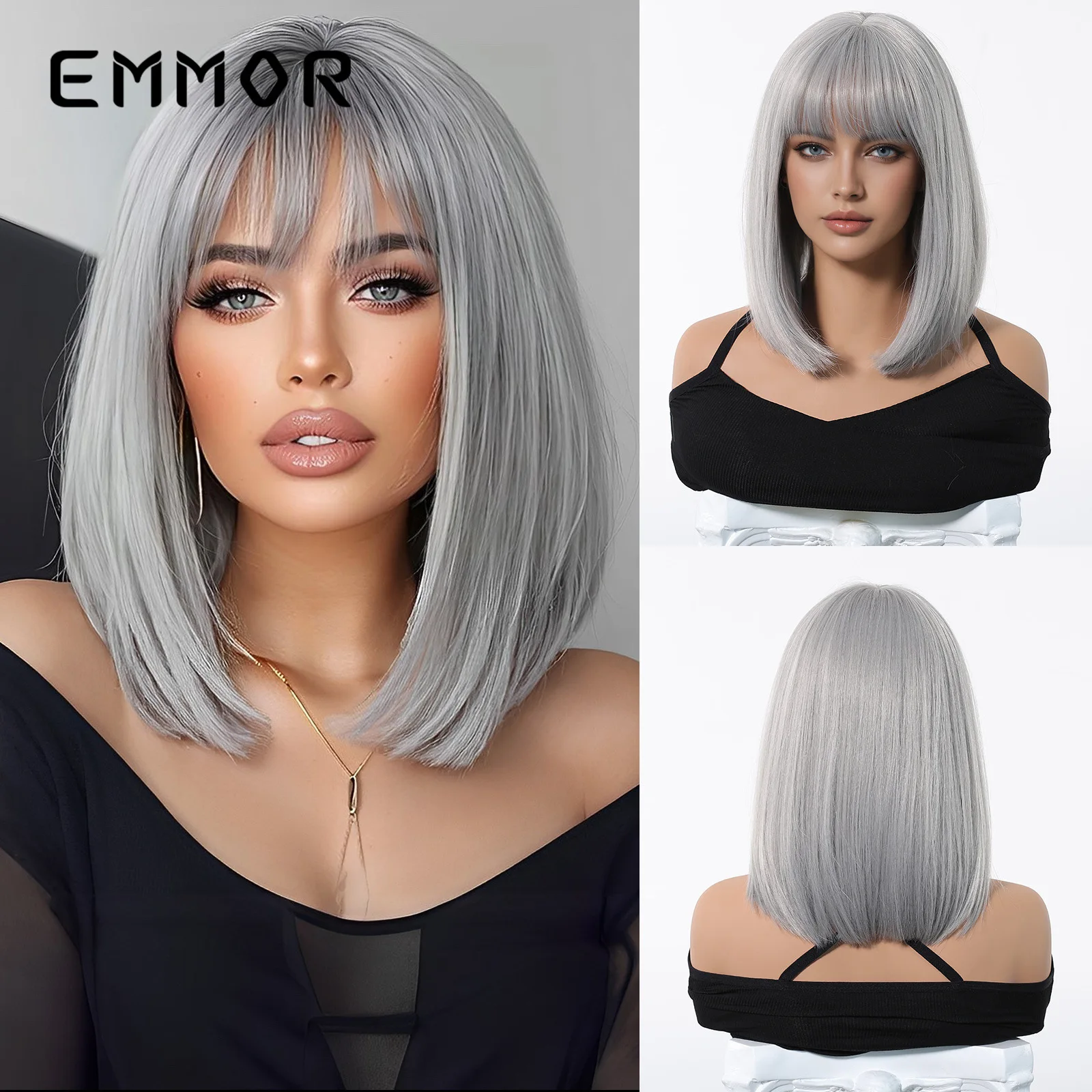 European American Natural Breathable White Short Straight Bob Full Wig with Straight Bangs for Women