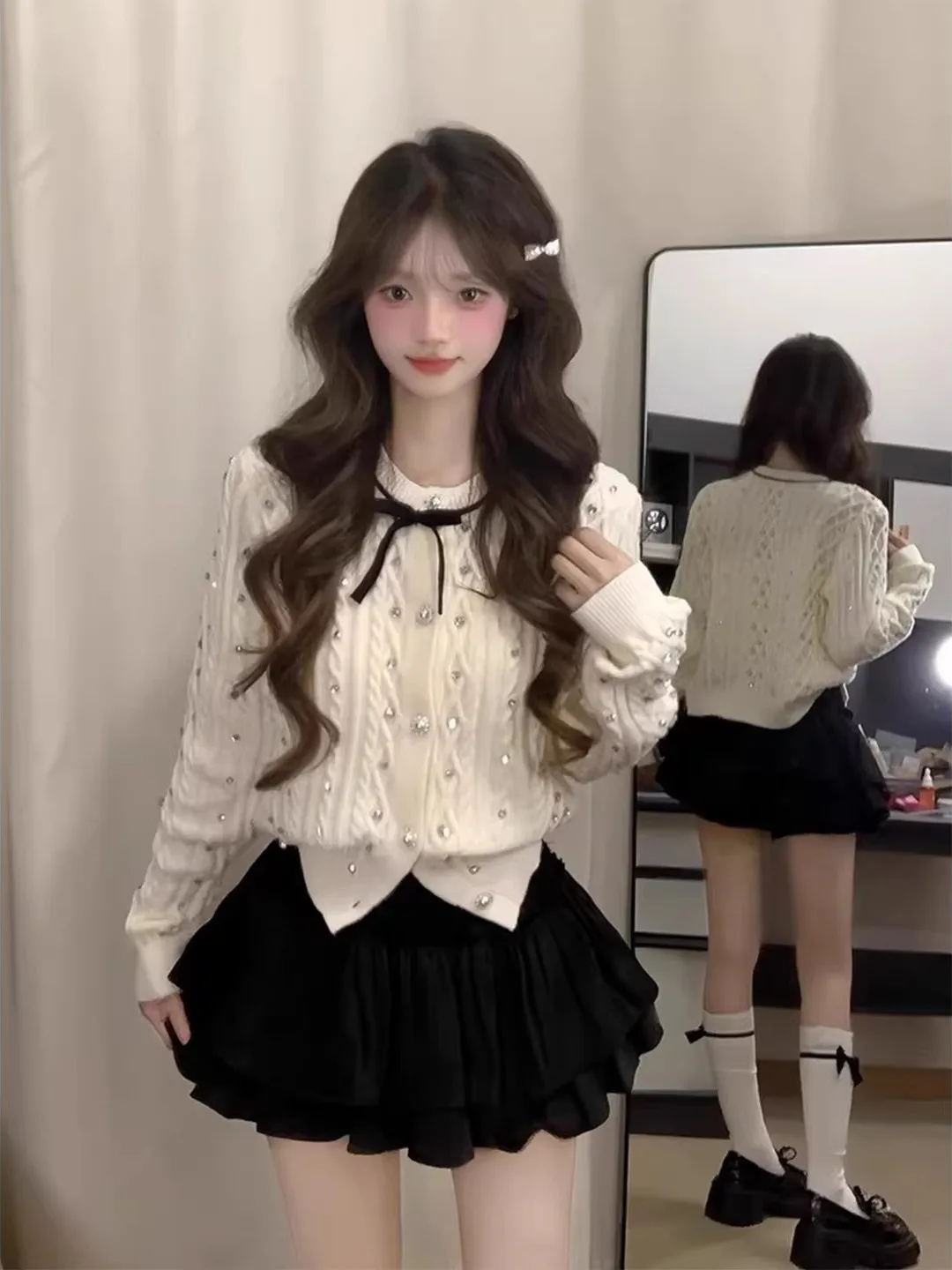 White Knitted Sweater Coat Set Women's Spring Autumn Small Fragrance Style Diamond Iron on Inner Wear Cake Skirt Two Piece Set