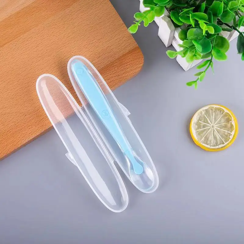 Temperatura do bebê Sensing Training Spoon, Colher De Alimentação De Silicone Seguro com Caixa, Bolso Dobrável, Utensílio De Bebê, Louça De Comida