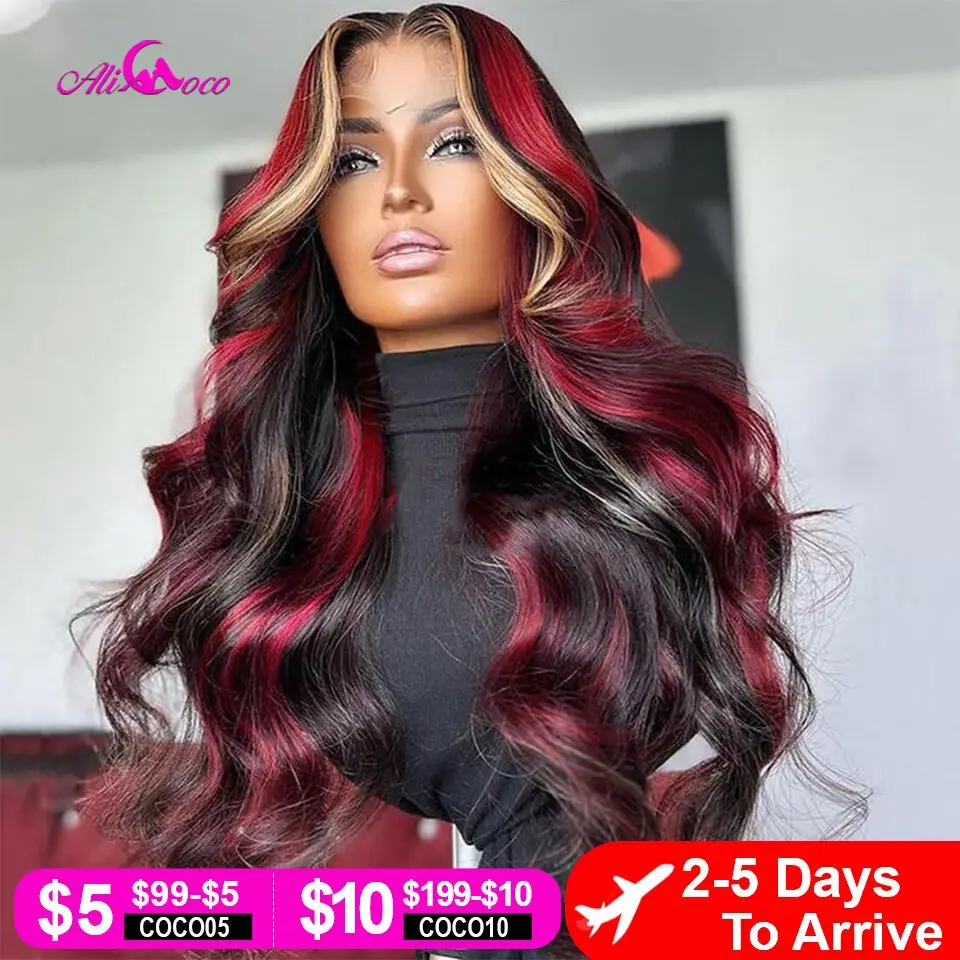 Schwarze rote blonde Highlight-Perücke, Echthaar, 13 x 4, transparente Spitzenfront-Echthaar-Perücken, vorgezupft, 180 % Dichte, Highlight-rote Perücke