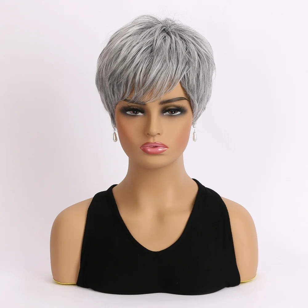 شعر مستعار بوب رمادي فضي قصير مستقيم الشعر الاصطناعية ألياف مقاومة للحرارة شعر مستعار كامل للنساء
