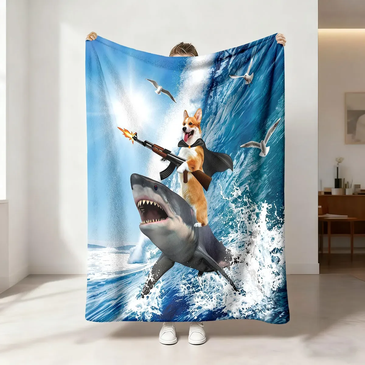 Funny Dog Shark Action Movie Scene Throw Blanket for Beach Party Gifts Novelty Home Decor