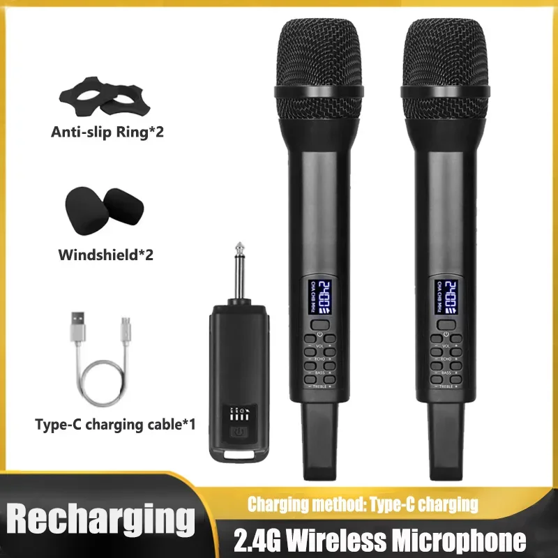 

Беспроводная микрофонная система, подзарядка, эхо, высокие басы, 2,4G, ручные микрофоны, караоке, динамический микрофон для выступлений на открытом воздухе