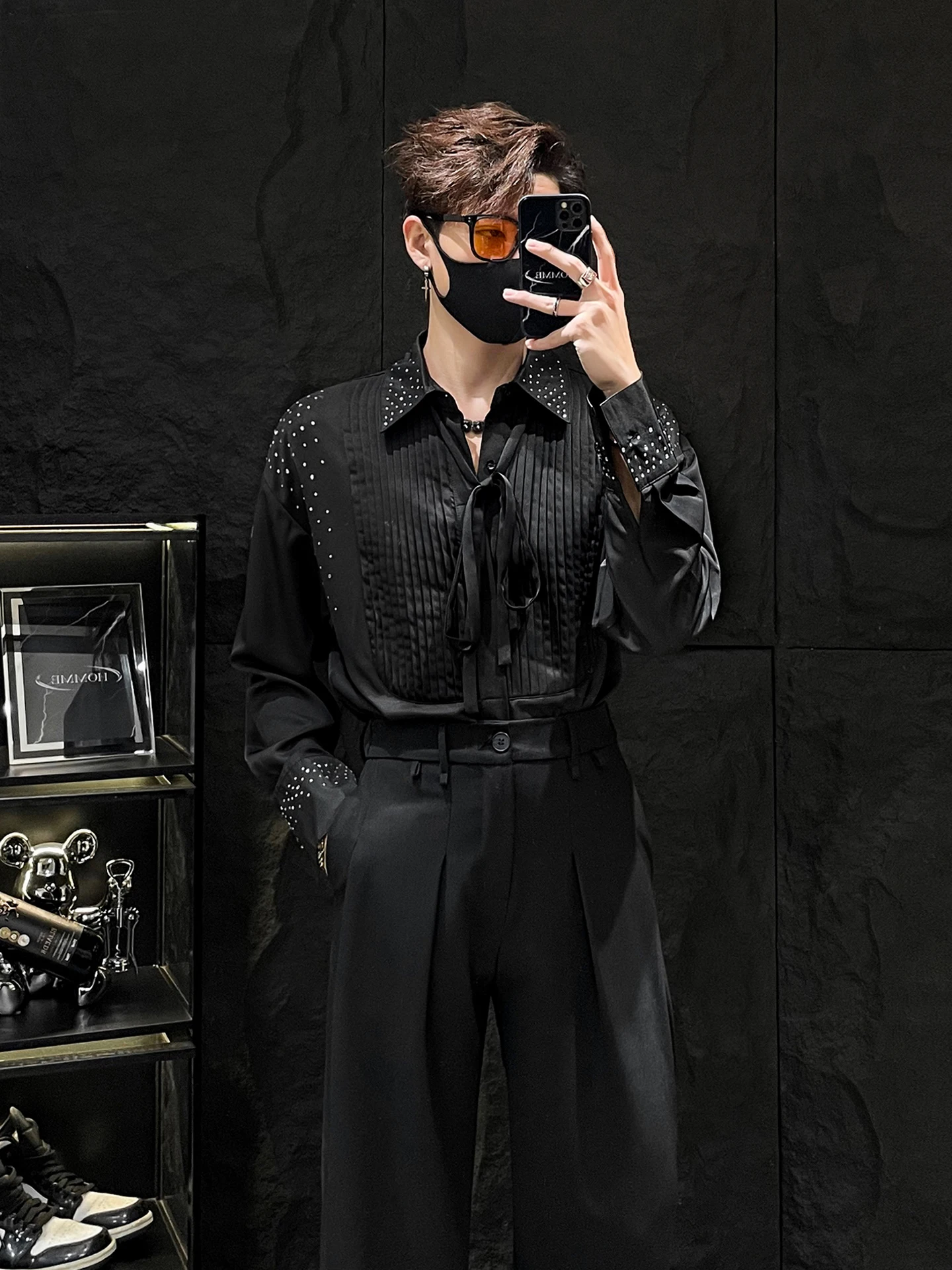 

Ele Bla Men's irt HOMME Lightweight Luxury Sequin Embellied Pleated Design Polyester Fiber Long Sve Casual irt