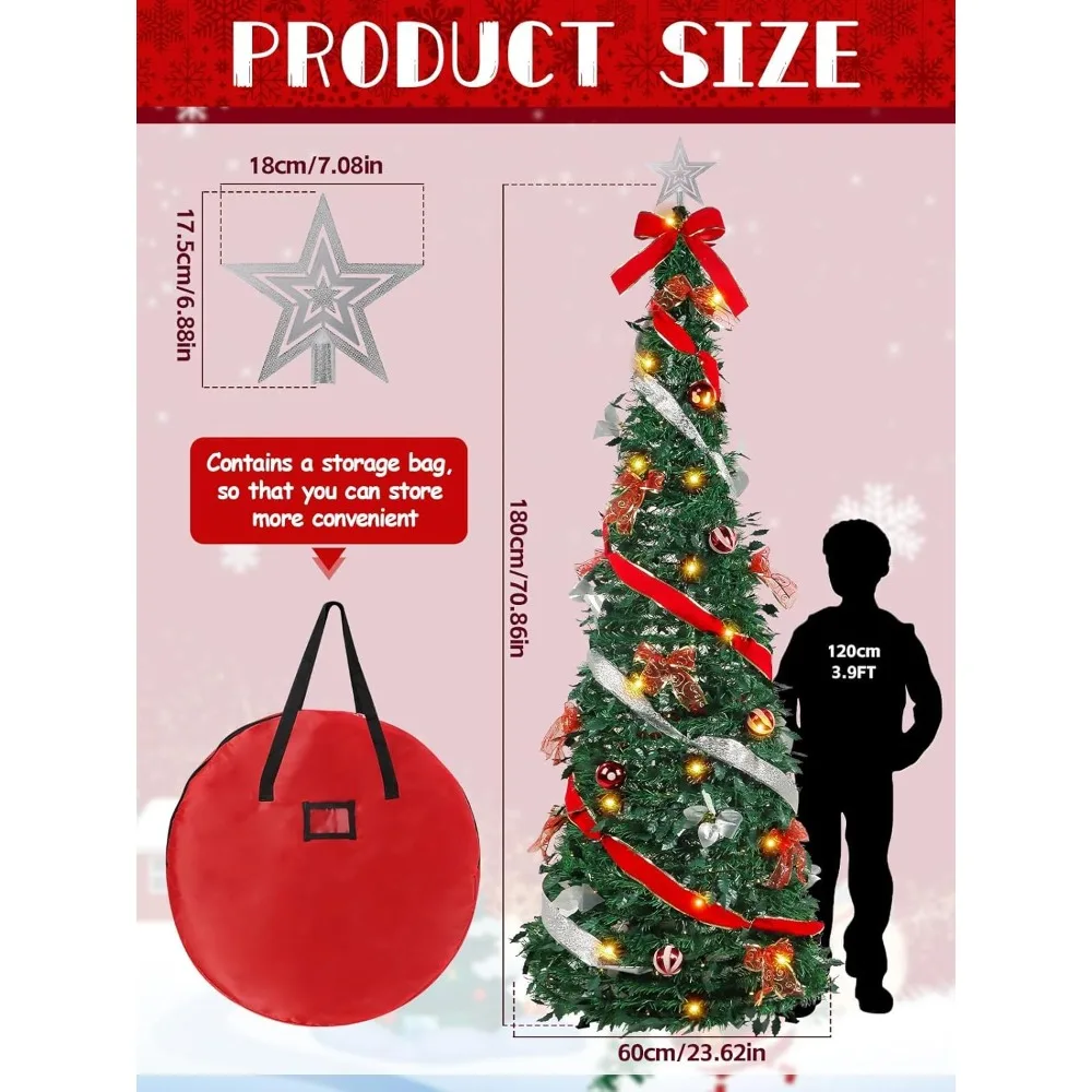 6 FT Pop Up Christmas Tree, Xmas Collapsible Tree with Christmas Ball Bows Ribbon Pull up