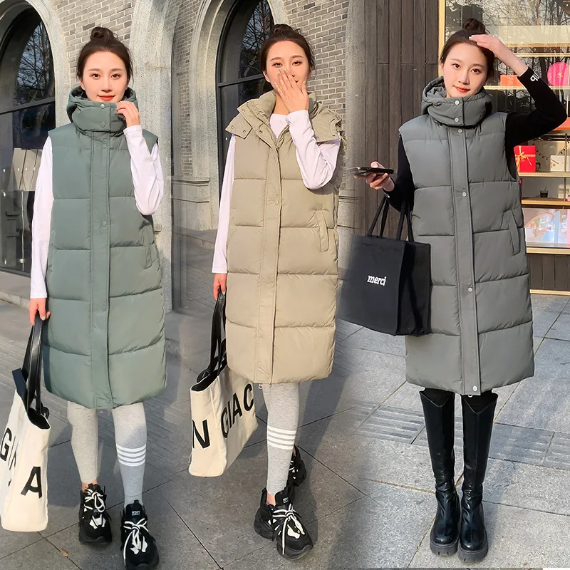 

Hooded Solid Color Sleeveless Pocket Jackets For Ladies Zipper Loose Warm Cotton Coat Women's Autumn Winter Vest