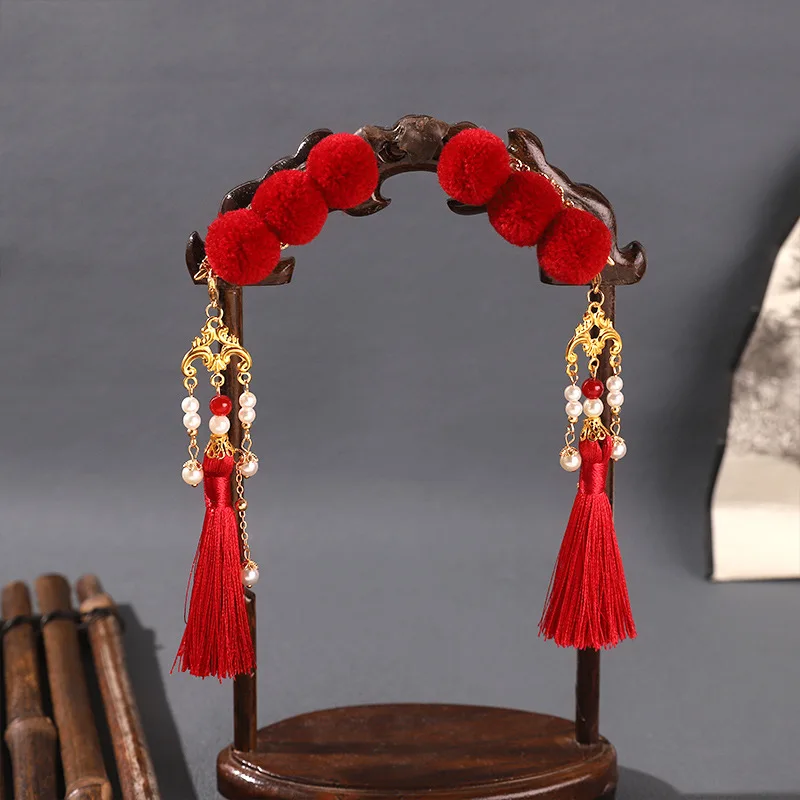 6mm Bracelet Hand String New Chinese New Year Candied Haws Cute Red Tassel Hair Ball Hairpin Antique Hanfu Year Hair Accessories