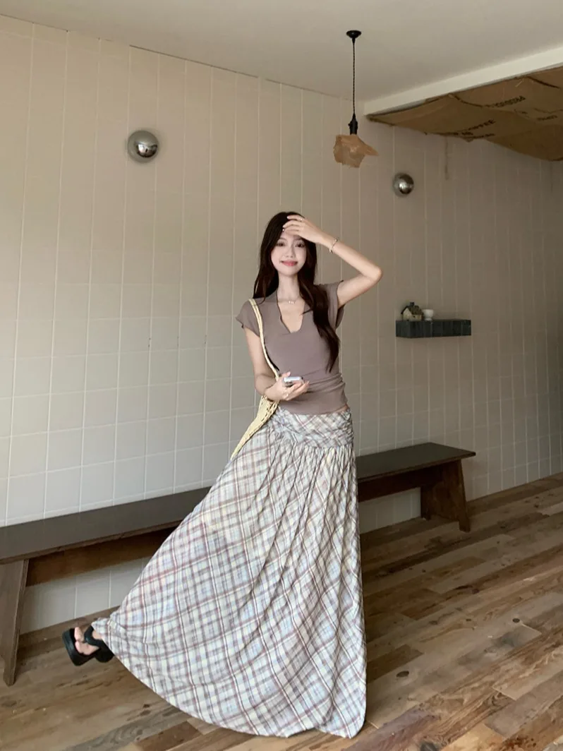 

PPHOME Summer Faion Set V-ne Slim-fit ort-sved T-irt And Lace f-skirt Women's Cheered Midi Skirt Ensemble