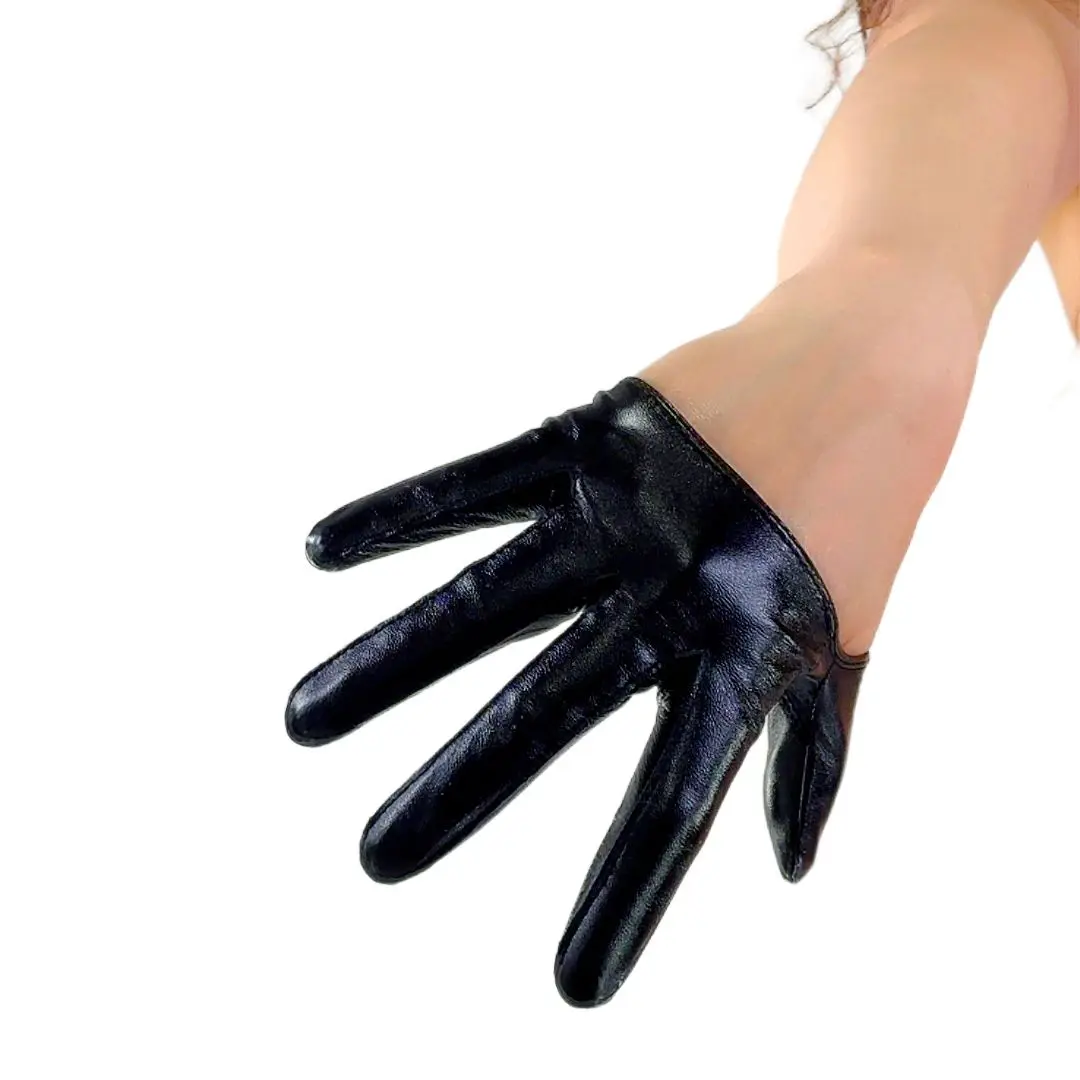 Guantes de media palma para mujer, guantes de conducción de Motor negros brillantes al óleo, cuero auténtico, 13cm, mangas para dedos de piel de oveja auténtica súper cortas, TECH