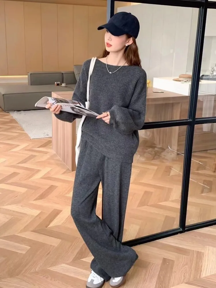 Women Solid Knitted Two Piece Suit Autumn Winter Long Sleeve Slash Neck Loose Sweater Top+Wide Leg Pants Casual Outfits Mujer