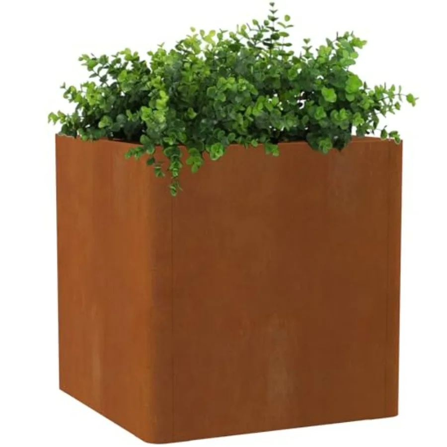 Outdoor corten steel large square planter 26x26x26, cube metal pot with drainage holes, rustic brown finish, weather-resistant
