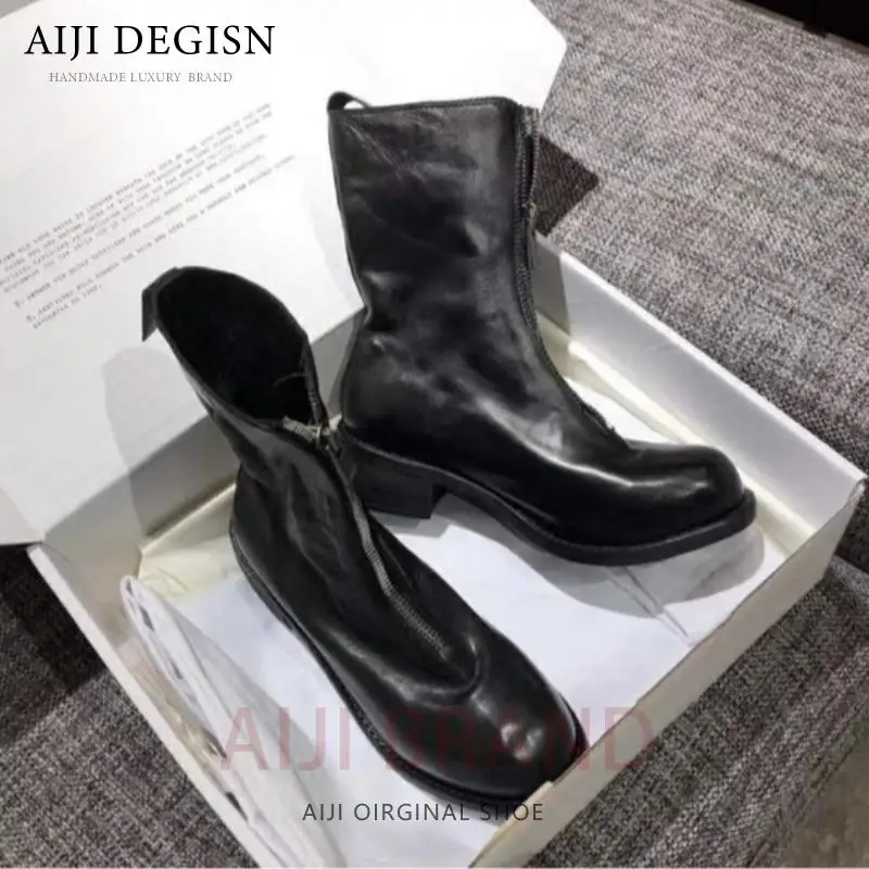 

Fashion Chelsea Boots Outdoor Motorcycle Boots Luxury Men Shoes Genuine Leather Front Zipper Trendy Mid Calf Knight Boots Street