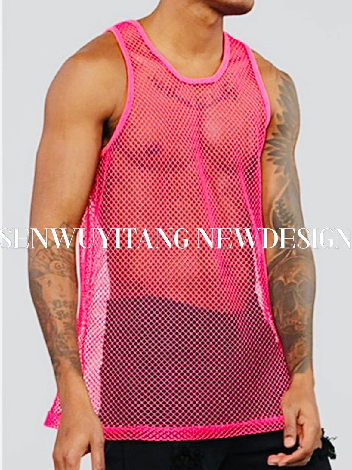 New Bar GOGO Costume Male Performance Costume Night Club DJ Singer Sexy Black White Fluorescence Pink Mesh Hollow out Mesh Vest