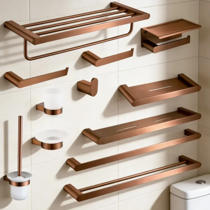

Brushed Rose Gold Towel Bar Tissue Rack Clothing Hook Toilet Brush Bath Towel Rack Towel Ring Bathroom Pendant