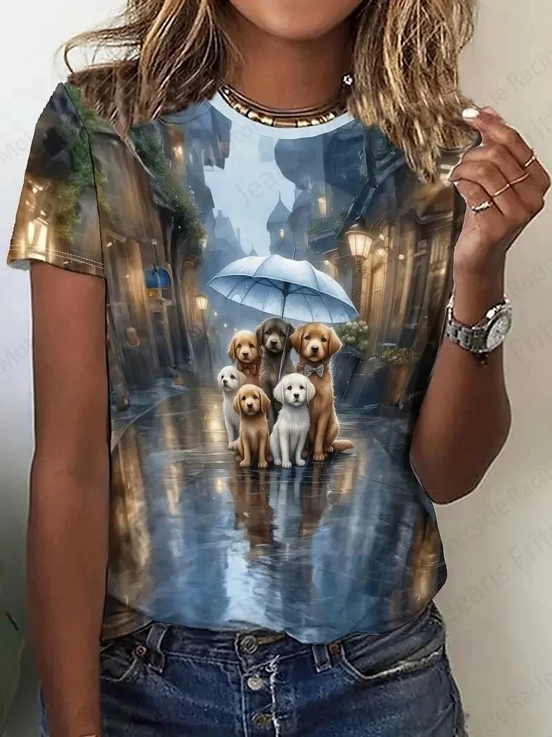 เสื้อยืดพิมพ์ลายสัตว์ 3 มิติ สุดน่ารัก สไตล์ฮาราจูกุ สำหรับผู้หญิง ลายสุนัขและแมว แฟชั่นเสื้อผ้าลำลองสำหรับสาวๆ เสื้อยืดลายกราฟิกสัตว์น่ารักสำหรับผู้หญิง