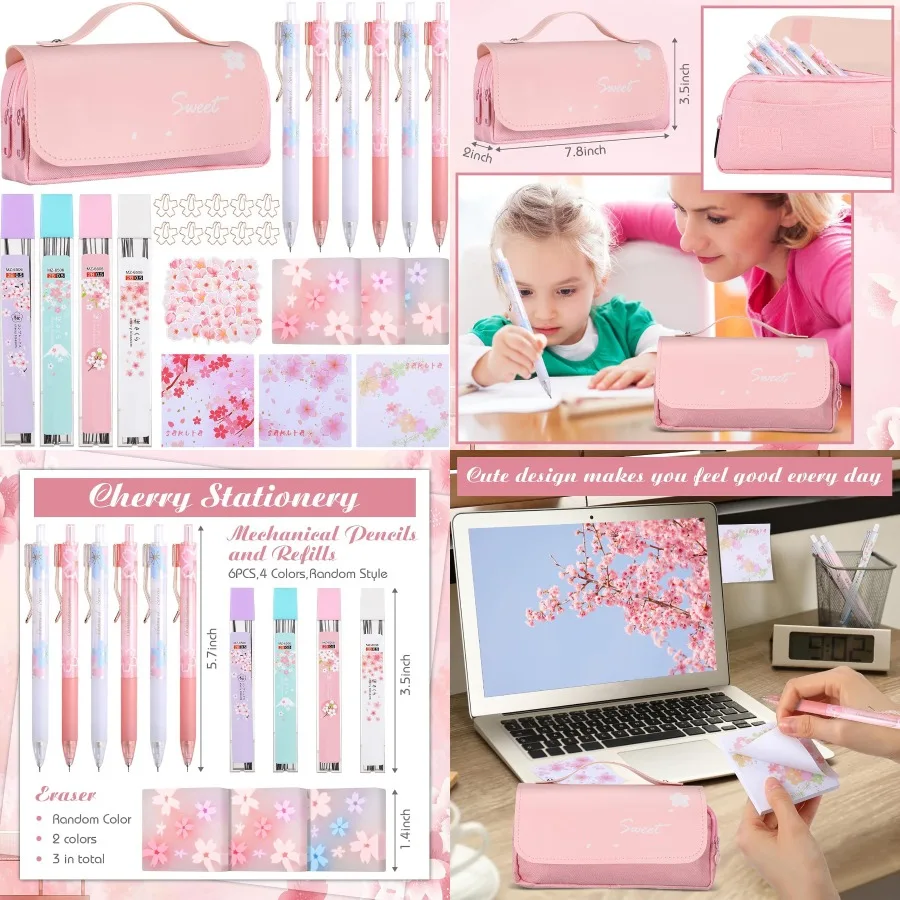

Crtiin 74 Pcs Kawaii Cherry Blossom Stationery Set with Japanese Kawaii Design Includes Mechanical Pencil Cherry-Shaped Erasers