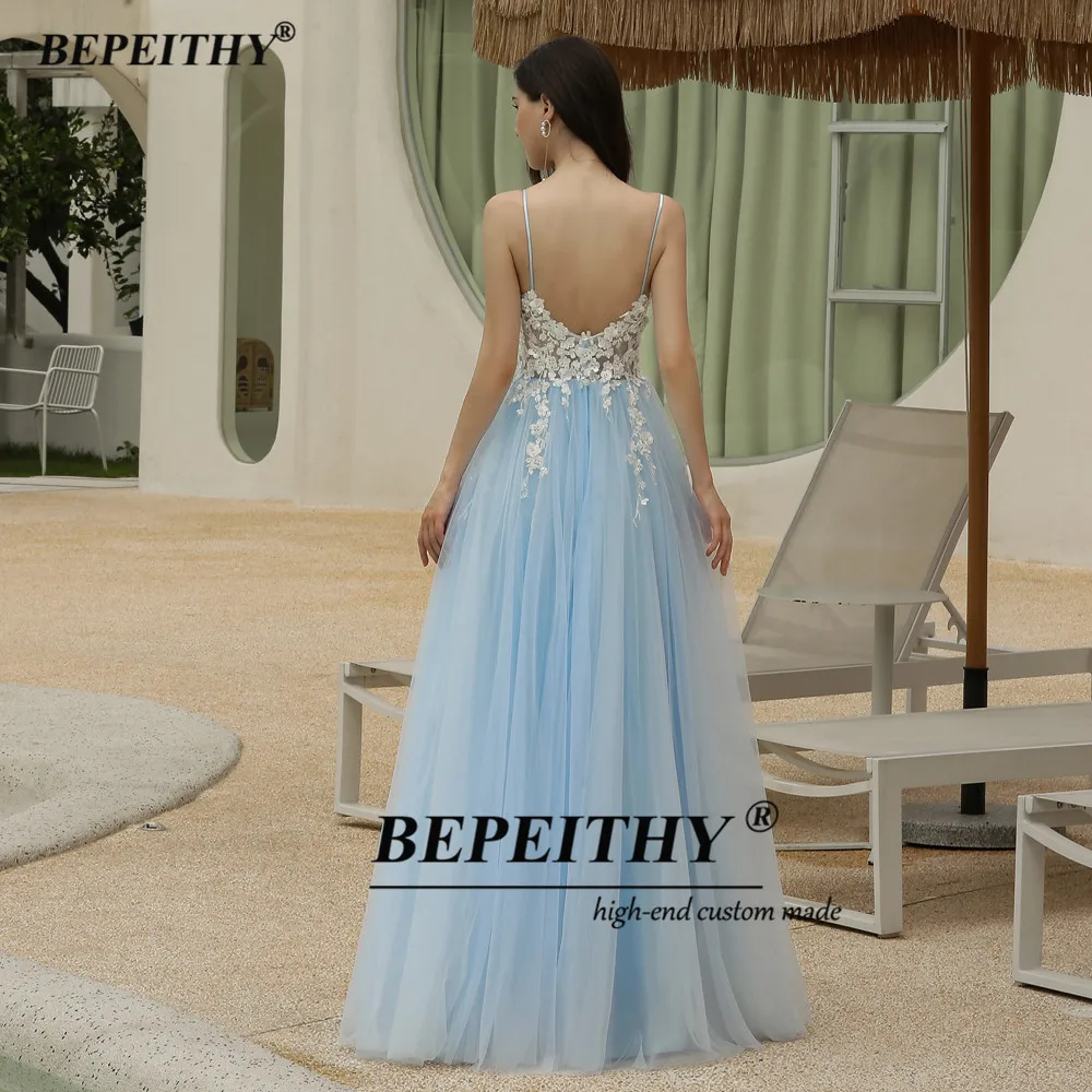 BEPEITHY Customized Sky Blue Evening Dresses For Women 2023 Lace Appliques A-Line Party Gown Spaghetti Straps V Neck Prom Dress