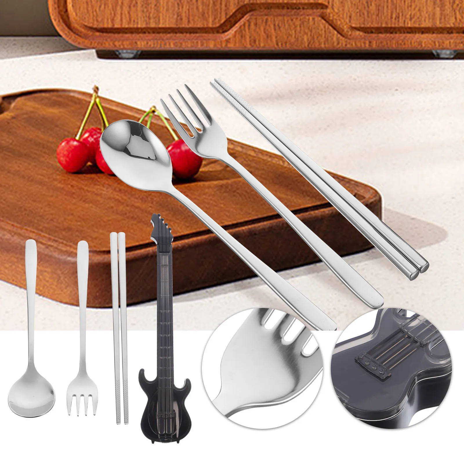 

1Set Stainless Steel Guitar Shape Travel Cutlery Set Fork Spoon Chopsticks Portable Reusable Silverware Lunch Box Tableware