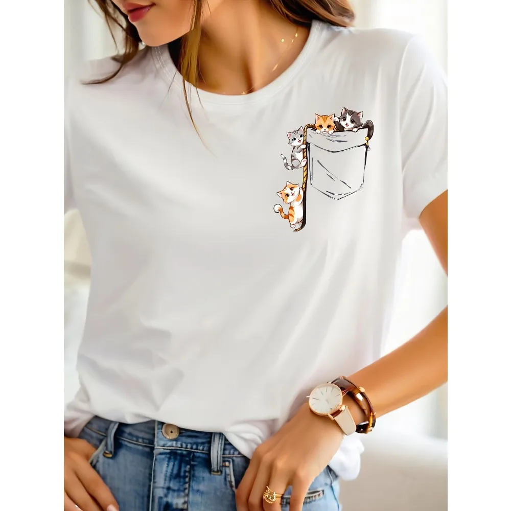 Women'S Pocket Cat Print T-Shirt Round Neck Short-Sleeve Classic Playful Design Featuring a Cute Pocket Cat Design  Casual Trend