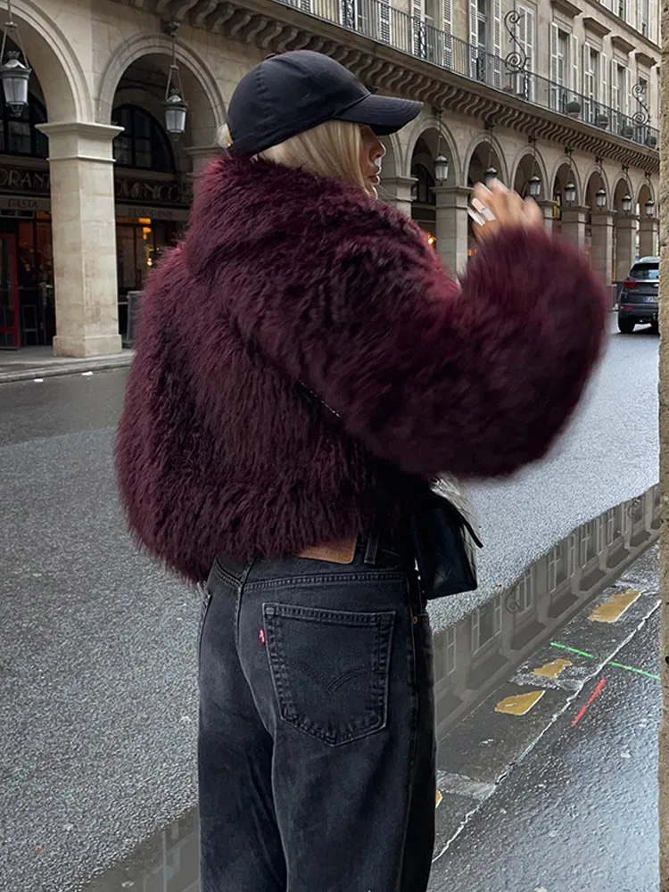 Women's Fashion Burgundy Fluffy Furry Warm Cropped Coat Elegant Faux Fur Lapel Thicken Warm Jacket 2024 New Lady Chic Streetwear