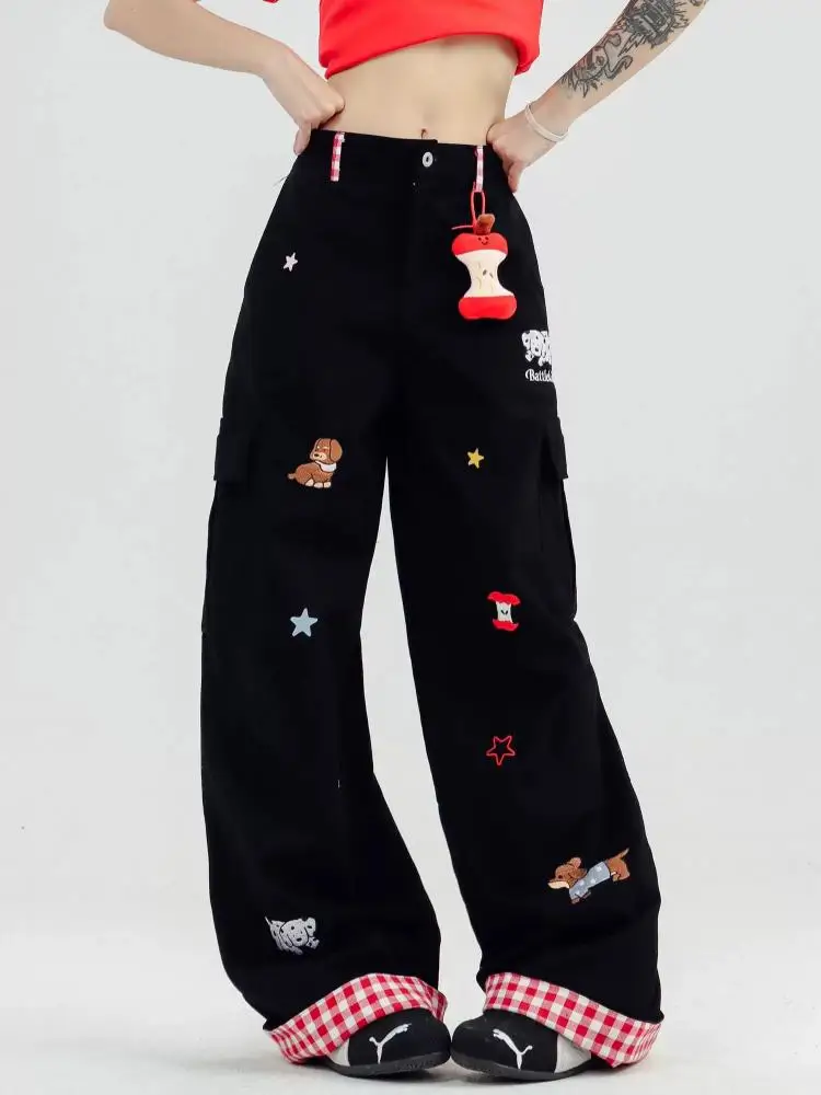 Amerikaanse dames cartoon hond print cargobroek zomer high street vintage losse casual hoge taille rechte pijpen gestapelde broek