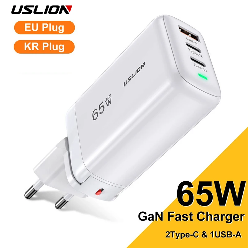 USLION 65W GaN Fast Charging USB Type C Charger QC4.0 PD3.0 Fast Charger For Xiaomi iPhone 14 Laptop Mobile Phones Charger EU KR