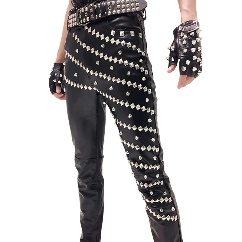 남성 블랙 메탈 리벳 가죽 바지 록 밴드 가수 댄서 무대 공연 의상 바 펑크 슬림 바지