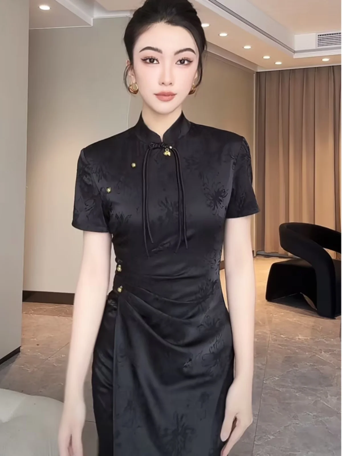 

New Chinese Style Qipao Dress Women's Summer Slim Fit Long Skirt Stand Collar Slit Design Commute Korean Style Fitting Skirt