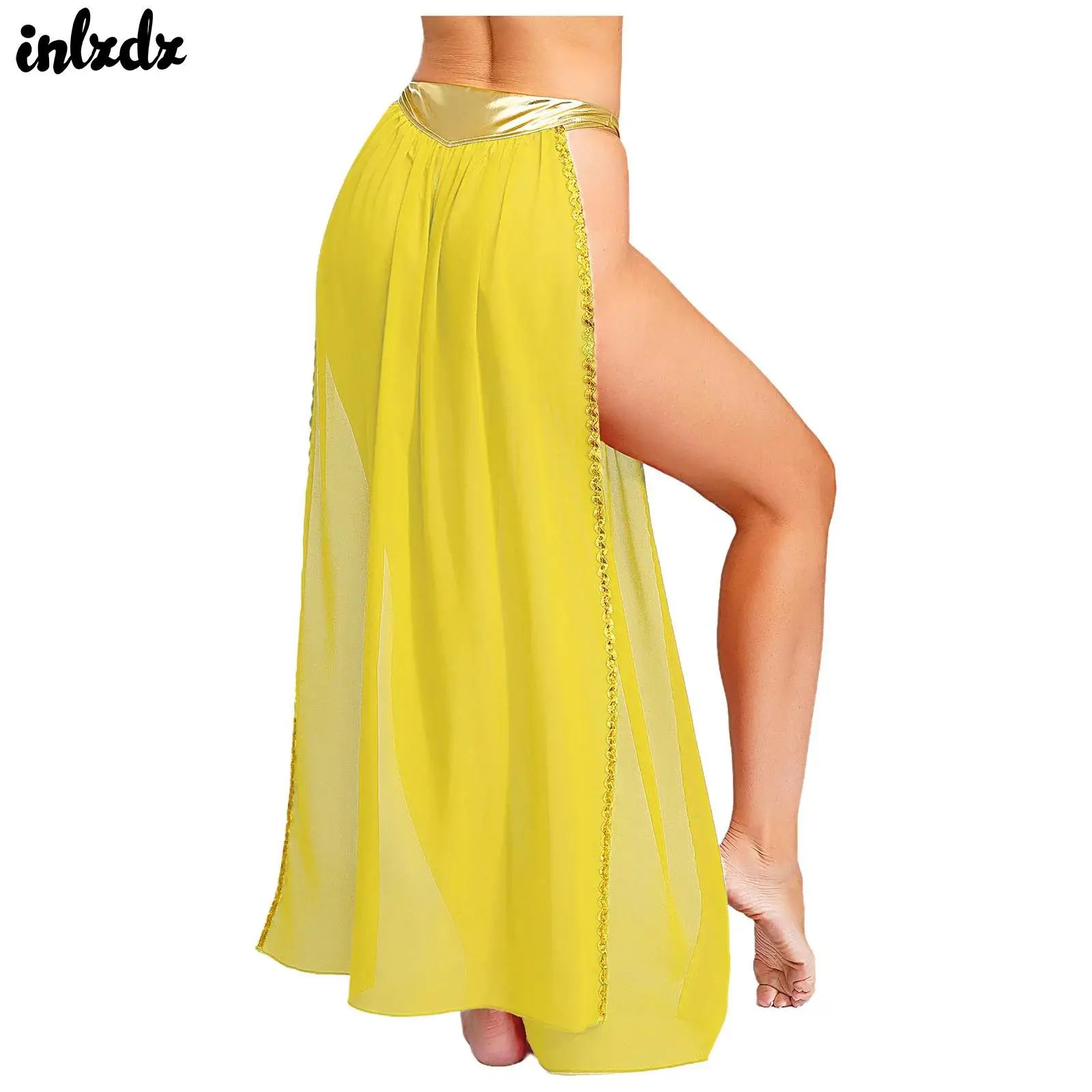 

Womens Halloween Cosplay Costume Ancient Egyptian Queen Roleplay Belly Dance Outfits Metallic Shiny Side Slit Skirt with Briefs