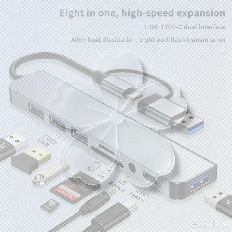 8 In 1 USB Type C HUB Docking Station With 3.5mm Audio Jack Adapter Micro TF  Card Reader For  Laptops Tablet Phone