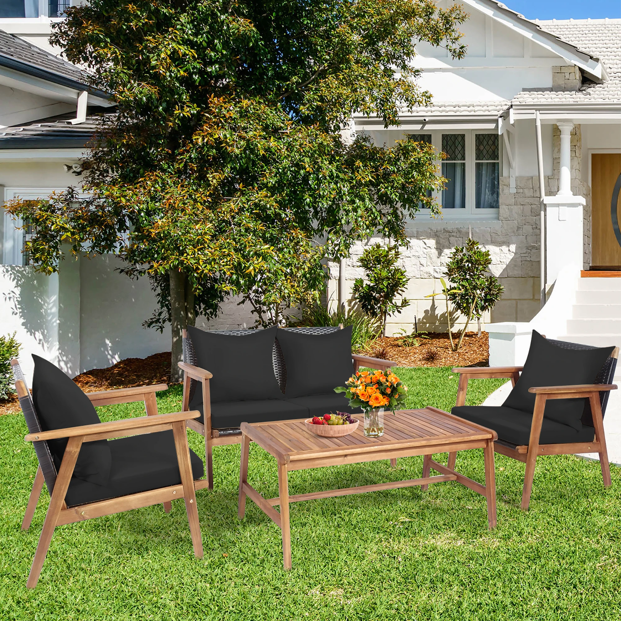 Sofá almofadado de madeira com capa preta e turquesa, Rattan Furniture Set, Pátio, 8Pcs