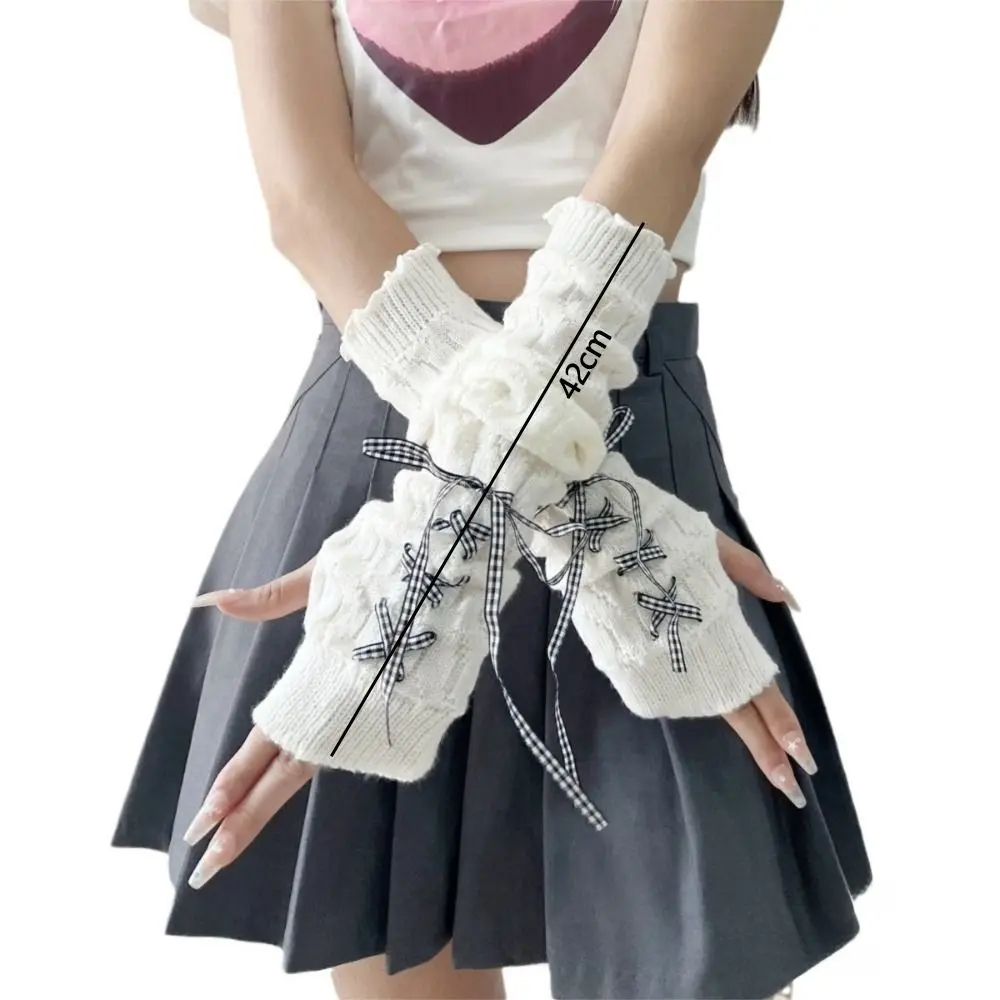 Fashion Long Arm Warmer Gloves Knitted Cold Proof Warm Arm Sleeve with Ribbon Fingerless Gloves Autumn Winter