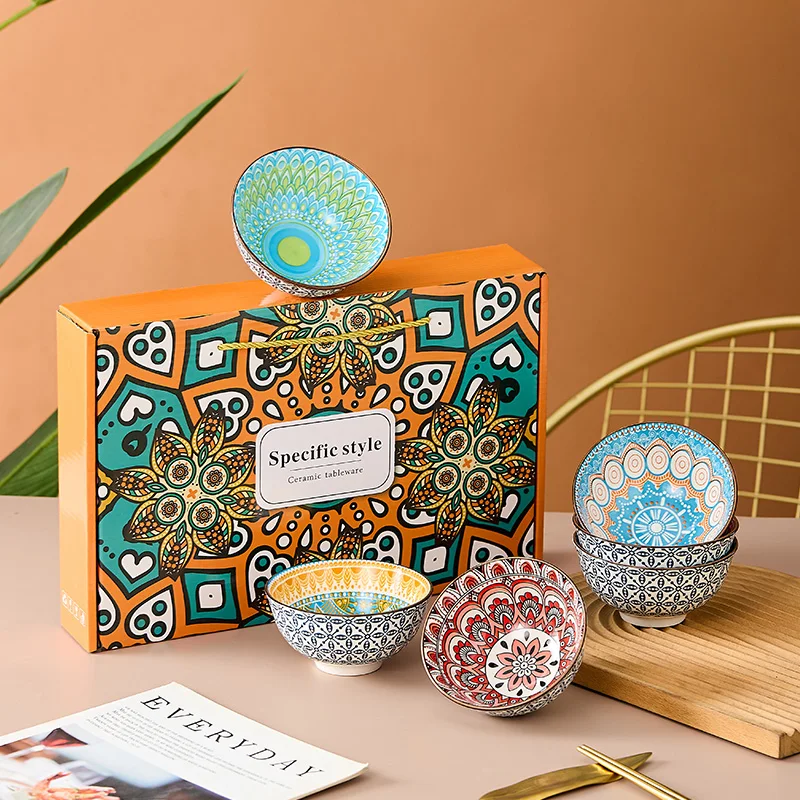 6-Piece Bohemian Floral Ceramic Bowls Set - Rice/Dessert/Ice Cream/Soup/Snack/Side Dish Bowls, Microwave/Oven/Dishwasher Safe