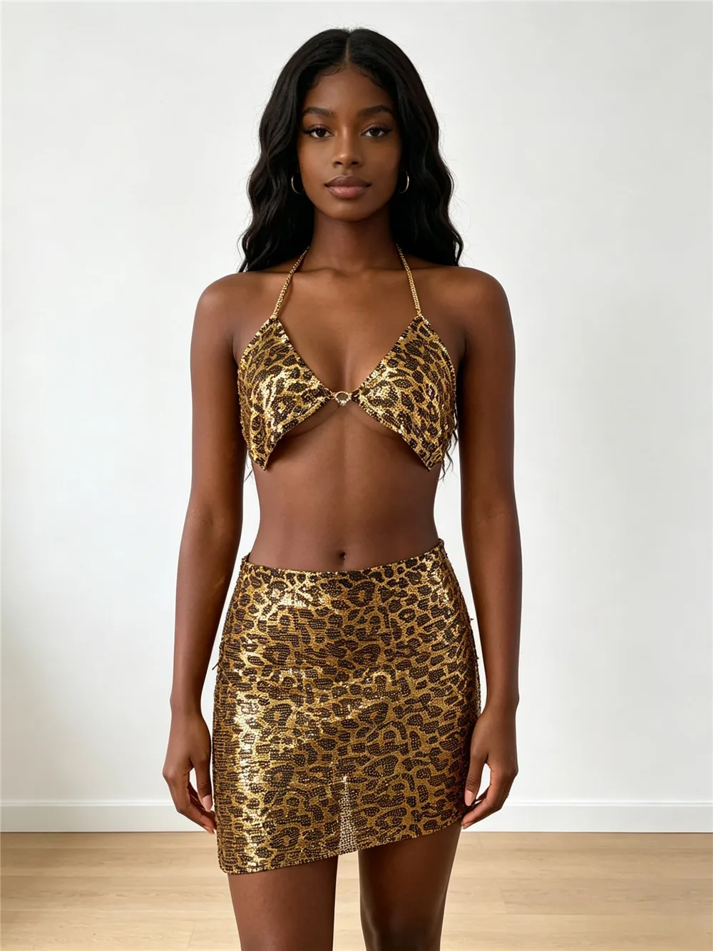 New Leopard Print Gold Sequin Deep V Hot Girl Sexy Metallic Top And Bodycon Mini Skirt Party Set For Women