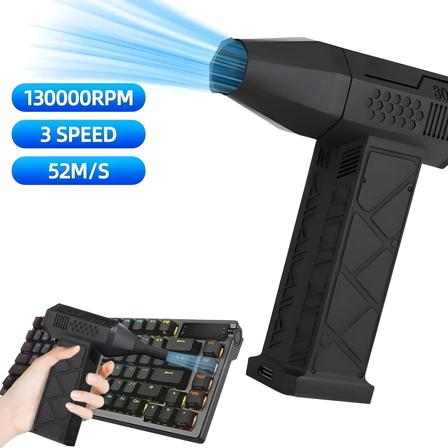 

130000RPM Turbo Air Blower with 52m/s High-Speed Wind, 3 Gear Adjustable Fan,d Handheld Duct Fan 52M/S Turbo Fan For Home Car PC