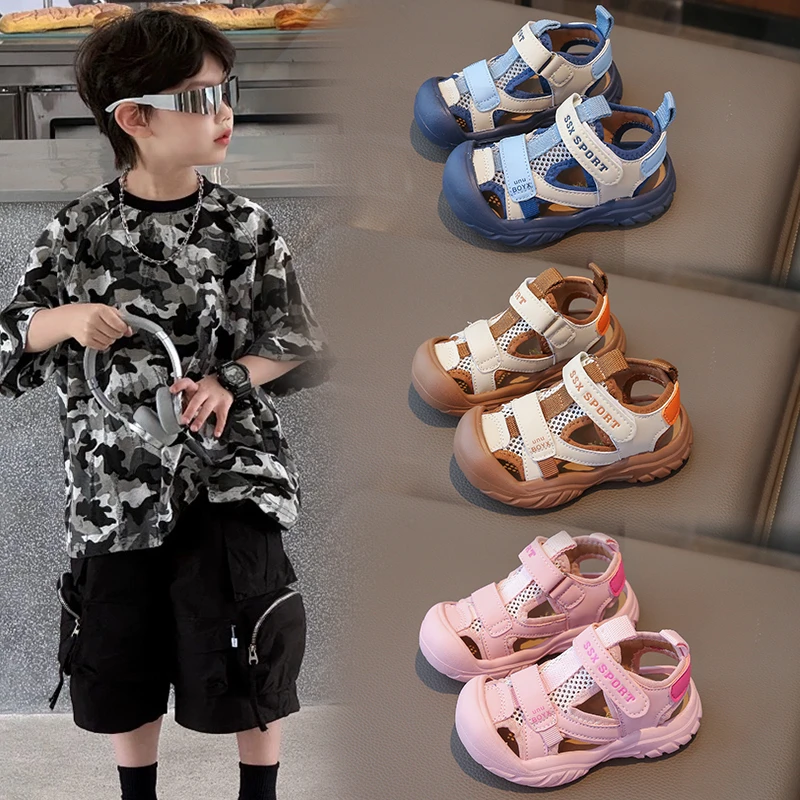 

2025 New Summer Mesh Shoes New Children's Sandals Soft Bottom Head Protection Boys and Girls Baby Walking Shoes Korean Style