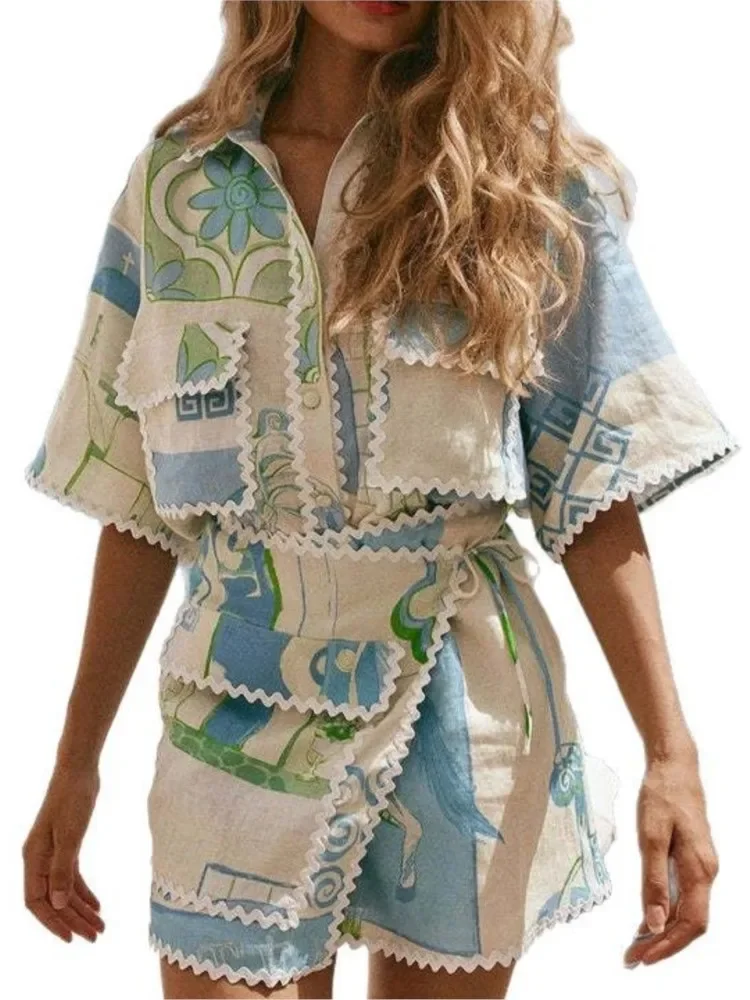 Fashion Printed Ruffle 2 Piece Set Women Summer Casual Patchwork Holiday Trendy Pocket Button Tops And Mini Skirt Two Piece Sets