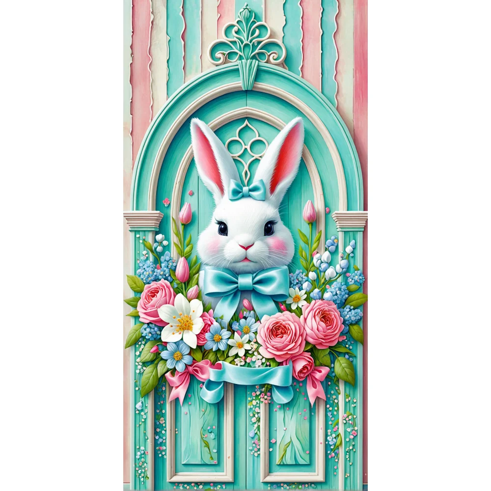 Easter Banner Wreath Rabbit Design Door Decorative Background Hanging Cloth for Easter Party Home Patio Door Decoration Backdrop