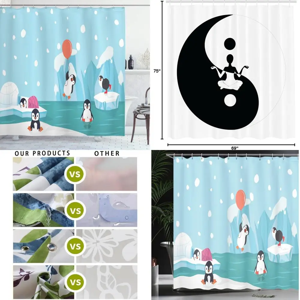 

Занавеска для душа «Арктическая страна чудес»: пингвины и ледницы в игривом животном принте, тканевый декор для ванной комнаты.